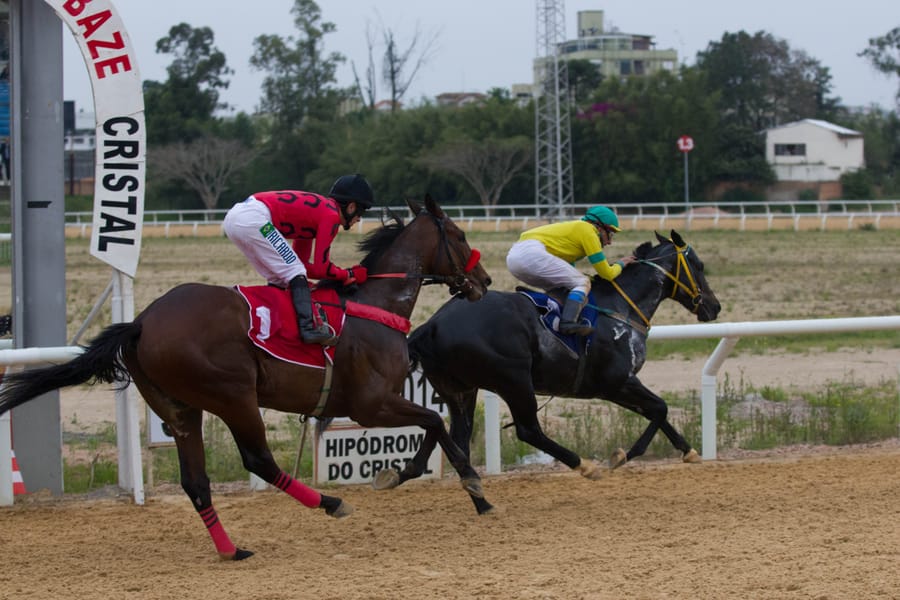 Dois cavalos disputam a chegada na pista de areia do Hipódromo do Cristal, ao lado da placa do hipódromo